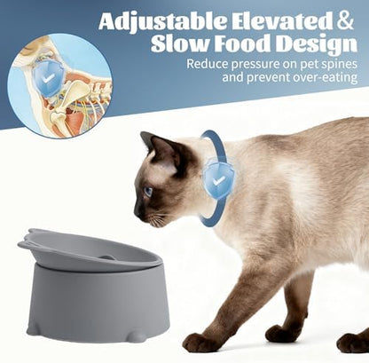 Cat Raised Bowls Silicone, 3 Modes to Adjust Height Elevated Cat Bowl to Protect Puppy,Kitten Spine and Anti Vomit Slow Feeder with 10° Tilted Detachable Dish for Pet Dry,Wet Food - Image 2
