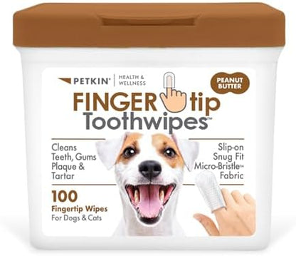 Petkin Fingertip Tooth Wipes for Dogs and Cats, 100 Finger Wipes - Slip-On, Snug Fit, Micro-Bristle Fabric - Cleans Teeth, Gums, Plaque & Tartar - Convenient, Ideal for Home and Travel - Peanut Butter by Petkin