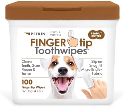 Petkin Fingertip Tooth Wipes for Dogs and Cats, 100 Finger Wipes - Slip-On, Snug Fit, Micro-Bristle Fabric - Cleans Teeth, Gums, Plaque & Tartar - Convenient, Ideal for Home and Travel - Peanut Butter by Petkin