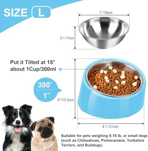 Tilted Dog Bowl Non-Slip & Non-Spill Pet Feeder with Elevated Detachable Melamine Stand, Easy to Get Food Dog Dish, L/300ml Sky Blue - Image 2