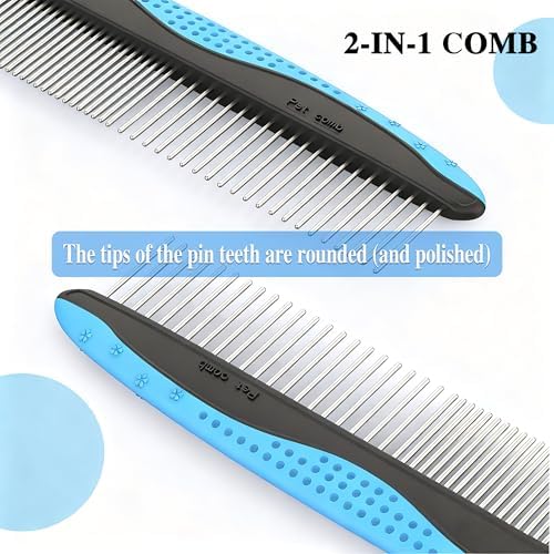 4 Pack Pet Grooming Combo - Blue Deshedding Brush,With Metal Comb,Bath Brush, With Long & Short Stainless Steel Teeth Depilatory Comb For Detangling And Dematting Long, Matted Fur On Cats And Dogs - Image 4