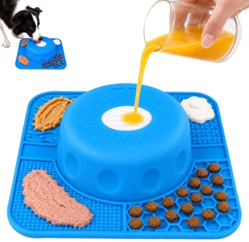 2-in-1 Slow Feeder Dog Bowl, Rolling Ball & Lick Mat, Large Blue by DTDBBFU