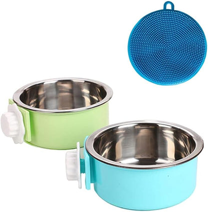 Love Dream Crate Dog Cat Bowls, Removable Stainless Steel Hanging Pet Cage, Food Water Feeder with Bolt for Puppy Birds 2 Pack with Silicone Sponge Dish Brush