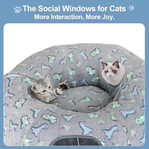 Cat Tunnel Bed, Foldable Cat Donut Tunnel with Removable Cushion & Toy Ball, Stress Relief Fun, Round Pet Play Tunnel for Indoor Cats, Kittens and Small Pets (3D Dinosaur Pattern) - Image 5