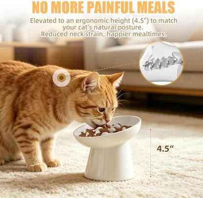 Ceramic Elevated Slow Feeder Cat Bowl - 6" Raised Cat Food Bowl for Bloat Relief & Anti-Vomiting, Whisker Friendly Ceramic Cat Slow Feeder for Indoor Cats, Kittens, Puppies - White(1pc) - Image 4