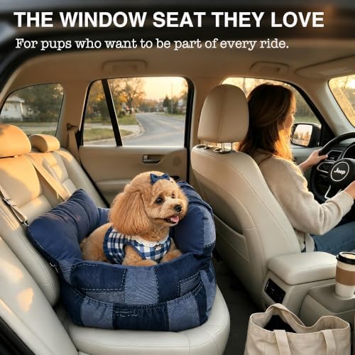 Denim Dog Car Seat for Small Dogs Up to 16 lbs, Thick Cushioned Puppy Booster Seat with Raised Sides, Plush Interior, Tether Clip, Nonslip Bottom, Adjustable Straps for Front & Rear Car Seats - Image 6