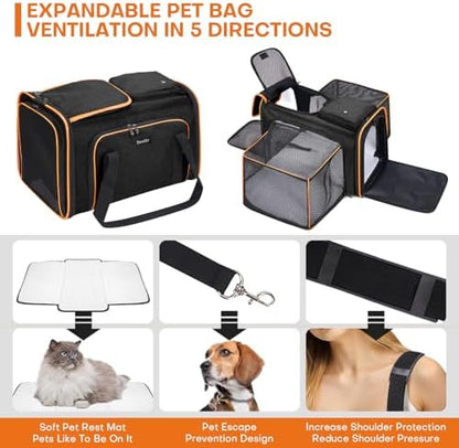Pet Carrier, Large Soft Sided Expandable Travel Carrier with Steel Frame, Anti-Scratch Mesh, Removable Fleece Pad and Pockets for Cats, Dogs and Small Animals up to 15 lbs (Black, 4 Sides Expandable) - Image 7