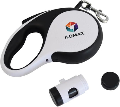ILOMAX 360° Tangle-Free Retractable Dog Leash Built-in Waste Bag Dispenser Under Handle 2 Rolls Poop Bags Included Heavy Duty Tape Leash for Dogs up to 30kg Carry Pouch Included.16ft (White, L)