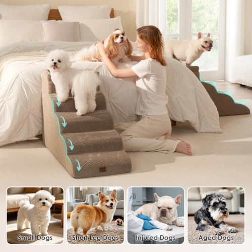 EHEYCIGA 5-Step Curved Dog Stairs for High Beds 20.7" H, Camel - Image 2