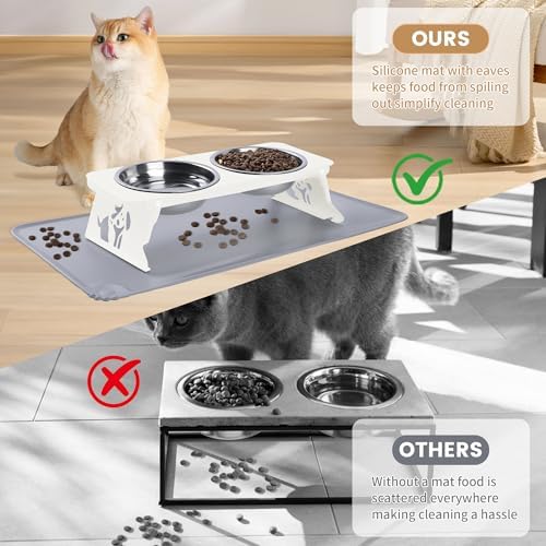 Elevated Cat Bowls with Food Mat,10° Tilted Anti-Vomiting Raised Cat Food Bowl for Small Cats and Puppies, Foldable 2 Stainless Steel Pet Bowl with Stand-Milky White - Image 3