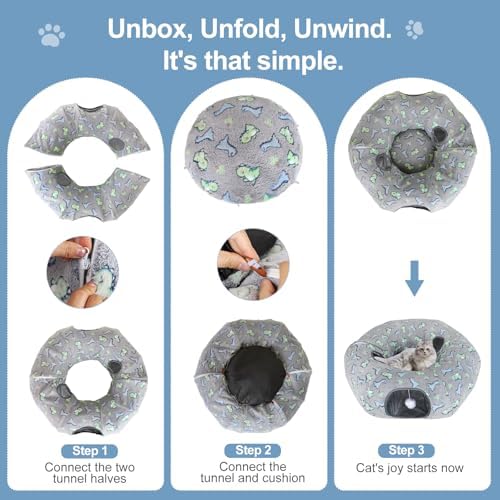 Cat Tunnel Bed, Foldable Cat Donut Tunnel with Removable Cushion & Toy Ball, Stress Relief Fun, Round Pet Play Tunnel for Indoor Cats, Kittens and Small Pets (3D Dinosaur Pattern) - Image 7