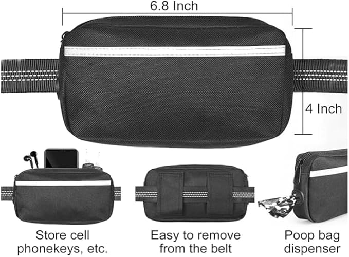 Hands Free Dog Leash with Waist Zipper Pouch, Dual Padded Handles and Dual Bungee Shockabsorbing Leash with Safety Reflective Strip for Walking, Jogging and Running Your Dog