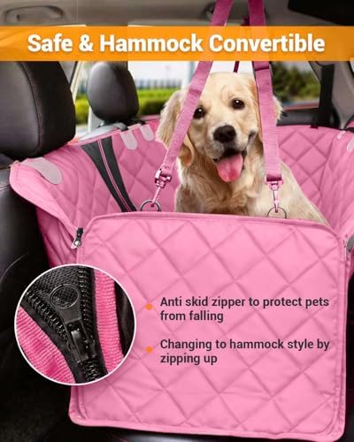 Dog Car Seat Cover, 600D Heavy Dute Car Seat Cover for Dogs Pets, 100% Waterproof Anti-Scratch Nonslip Dog Hammock for Cars, Seat Covers Protector with SeatBelt for Sedan SUV Truck Standard Pink - Image 3
