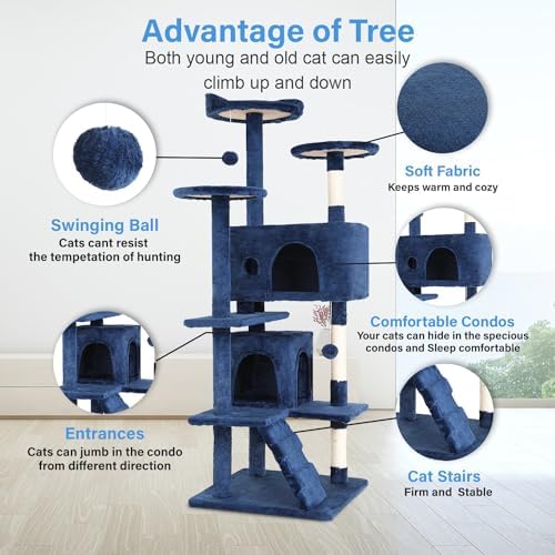 FDW | 54" Cat Tree Tower | Navy Blue | Multi-Level Indoor Activity Center - Image 3