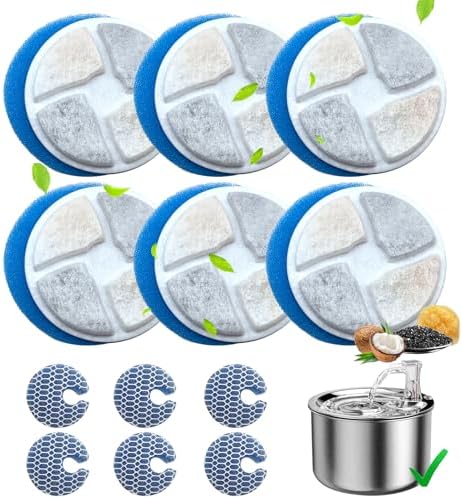 6 Set Cat Water Fountain Filter, Cat Fountain Filter Replacement for 2L/67oz Round Stainless Steel Pet Water Fountain, 3 Triple Filtration System by Katlikatqi