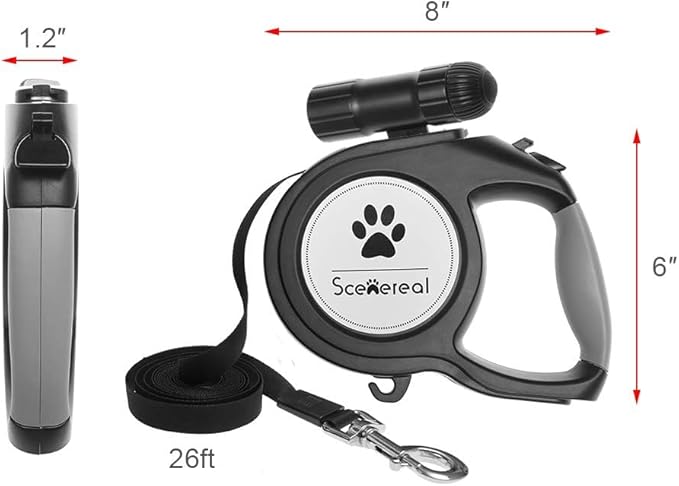 SCENEREAL Heavy Duty Retractable Dog Leash 26 FT with LED Flash Light & Poop Bag Dispenser for up to 110 LB Small Medium Large Dogs Outdoor Walking & Training