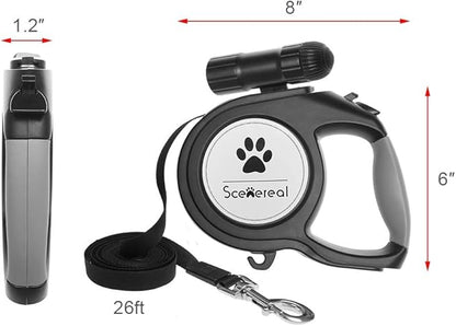 SCENEREAL Heavy Duty Retractable Dog Leash 26 FT with LED Flash Light & Poop Bag Dispenser for up to 110 LB Small Medium Large Dogs Outdoor Walking & Training