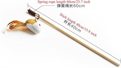 Artshu 6pcs 40cm Feather Linen Wand Cat Catcher Teaser Stick Interactive Toys Wood Rod Mouse Toy with Mini Bell