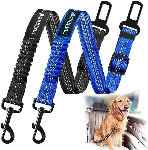 2 Pack Dog Seat Belt Adjustable Dog Car Seatbelts for Vehicle Nylon Pet Safety Seat Belt with Elastic Bungee Buffer Reflective & Durable Car Harness for Dogs… (Black + Blue) by PUEENOD