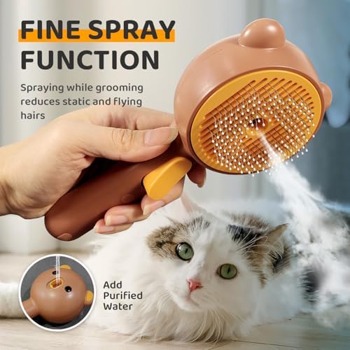 Pecait Cat Steam Brush, Self Cleaning Pet Spray Hair Removal Comb with Release Button, 3 in 1 Cat Brush for Indoor Cats, Waterproof Pet Grooming Brushes for Long Short Haired Dogs Cats（Brown） - Image 5