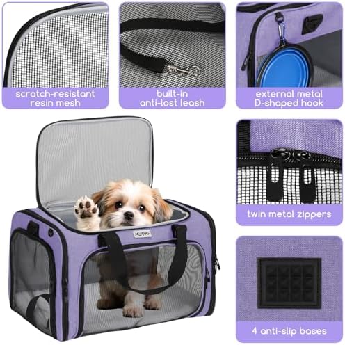 Pet Carrier for Cats & Small Dogs, Travel Carrier with Anti-Collapse Support, Chew Resistant Buckles, Luggage Sleeve, Multi-Pocket Storage, Reversible Mat & Bowl (Purple, Medium (17.5"x11"x11.5")) - Image 4