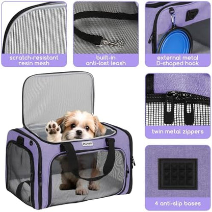Pet Carrier for Cats & Small Dogs, Travel Carrier with Anti-Collapse Support, Chew Resistant Buckles, Luggage Sleeve, Multi-Pocket Storage, Reversible Mat & Bowl (Purple, Medium (17.5"x11"x11.5")) - Image 4