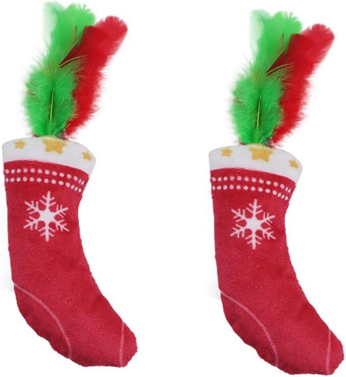 Christmas Cat Toys Stocking 2 Pack – Catnip Plush Stockings with Feathers, Interactive Holiday Cat Toy Set for Indoor Cats and Kittens