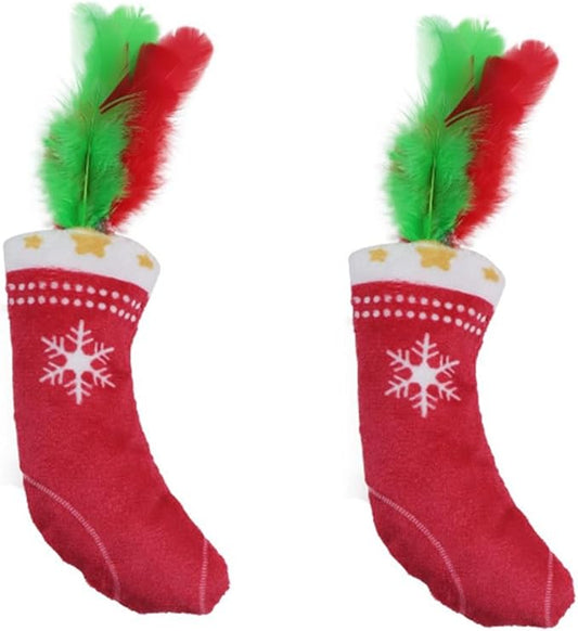 Christmas Cat Toys Stocking 2 Pack – Catnip Plush Stockings with Feathers, Interactive Holiday Cat Toy Set for Indoor Cats and Kittens