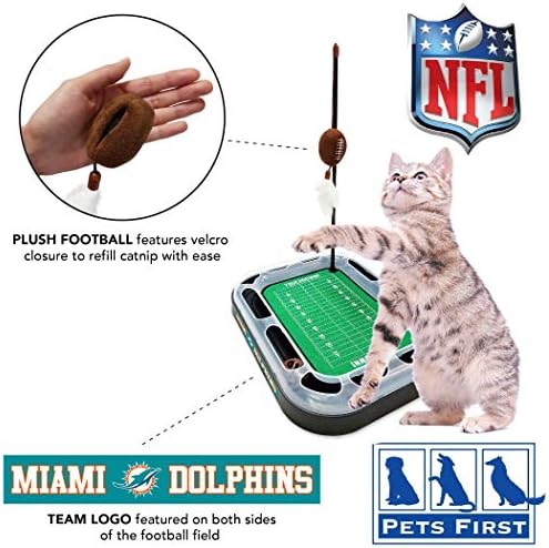 Cat Football Field NFL MIAMI DOLPHINS FOOTBALL FIELD CAT SCRATCHER TOY with CATNIP Filled Plush FOOTBALL Toy & Feather Cat Toy hanging, with Jingle Bell INTERACTIVE BALL Cat Chasing 5-in-1 KITTY Toy - Image 4