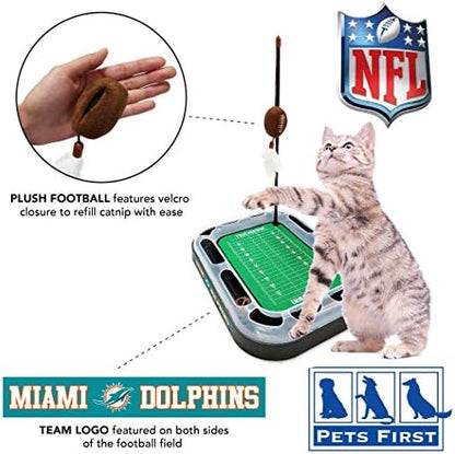 Cat Football Field NFL MIAMI DOLPHINS FOOTBALL FIELD CAT SCRATCHER TOY with CATNIP Filled Plush FOOTBALL Toy & Feather Cat Toy hanging, with Jingle Bell INTERACTIVE BALL Cat Chasing 5-in-1 KITTY Toy - Image 4