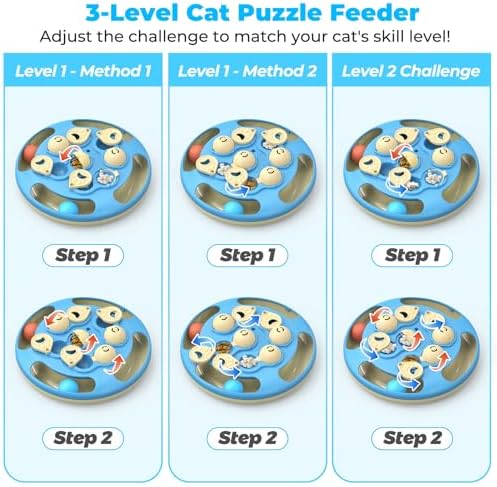 3 in 1 Cat Treat Puzzle Feeder, Level 3 Interactive Cat Puzzle Toy with Track Balls, Feather Teaser & Slow Feeder Insert, Non-Slip Base, Mental Stimulation for Bored Indoor Cats, Blue - Image 4