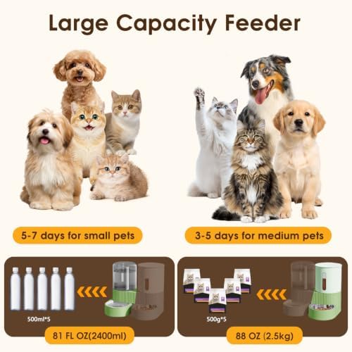 2 in 1 Automatic Gravity Cat Dog Feeder and Water Dispenser with 304 Stainless Steel Bowls, 360 Degree Rotatable Auto Food with 2 Specialized Brushes for Small Medium Pet Dog Puppy Kitten (Green) - Image 3