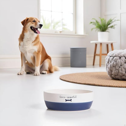 Pearhead Ceramic Dog Bowl – White & Navy “Bone Appétit” Design, Stoneware Pet Dish, Non-Skid Feeding Bowl, Small/Medium 2.25 Cups/ 18 oz