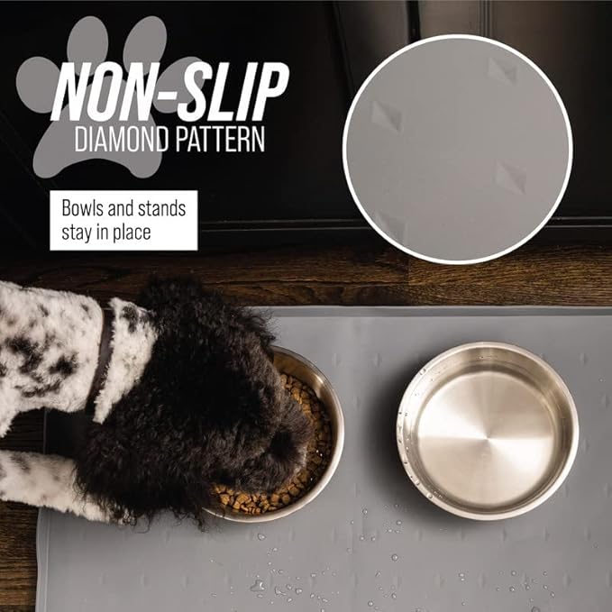 Leash Boss Dog Food Mat - Waterproof Cat & Dog Bowl Mat for Food and Water, Silicone Pet Feeding Mats for Floors, Non-Slip Placemat with High Edges, Puppy Essentials (XL: 25"x17", Navy)