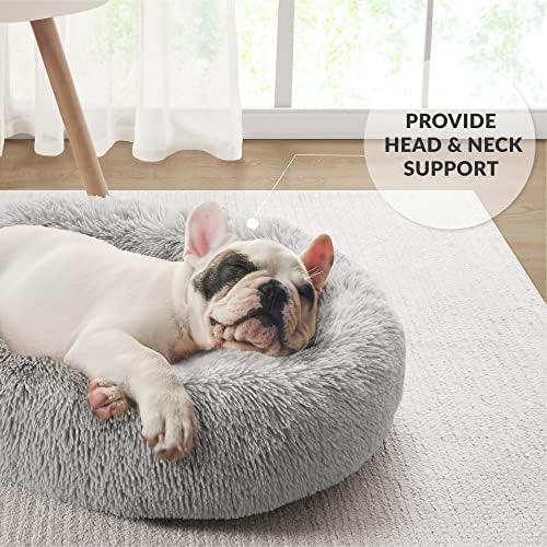 Friends Forever Serena Donut Memory Foam Orthopedic Dog Bed, Soft Faux Fur Oval Cat Couch For Indoor Pet, Fluffy Calming Plush Shag, Round Raised Bolster Cushion, Machine Washable Cuddler, Grey - Image 2