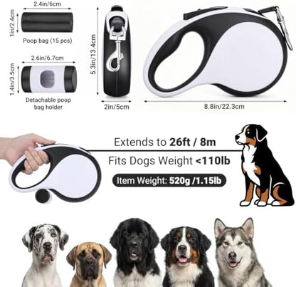 Segarty 26 Ft Walking Leash with Poop Bag Holder for Dogs Weighing 66 lbs - 110 lbs, 8m Retractable Heavy-Duty Leash 360°Tangle-Free with Anti-Slip Handle One-Handed Brake Pause Lock for Pet Outside - Image 2