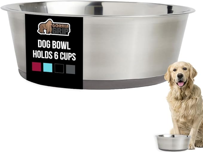 GORILLA GRIP Dog Bowl, Holds 6 Cups (48 fl oz), Food Grade 304 Stainless Steel Food and Water Bowl for Feeding Dogs and Cats, BPA Free Rubber Base, Easy Clean, Dishwasher Safe, Rust Resistant, Gray