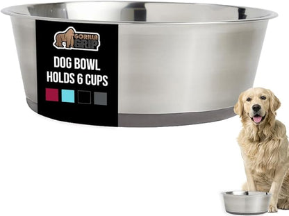 GORILLA GRIP Dog Bowl, Holds 6 Cups (48 fl oz), Food Grade 304 Stainless Steel Food and Water Bowl for Feeding Dogs and Cats, BPA Free Rubber Base, Easy Clean, Dishwasher Safe, Rust Resistant, Gray