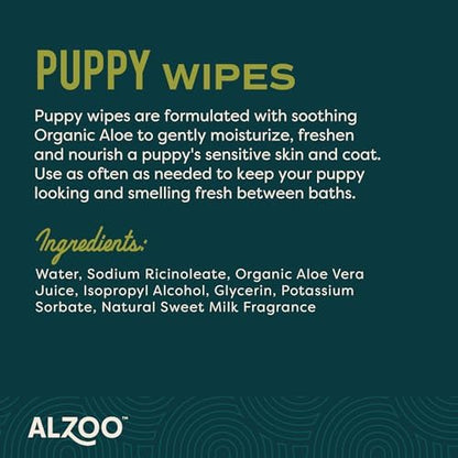ALZOO Puppy Wipes for Sensitive Skin, Grooming Wipes with Organic Aloe Vera, Daily Cleaning for Paws, Coat, Face & Body, Sweet Milk Scent, 100 Count, Made in USA - Image 6