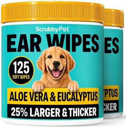 Scrubby Pet Dog Ear Wipes for Dogs | Extra Thick with Aloe Vera & Eucalyptus | 250 Count | Hypoallergenic Ear Cleaner for Dogs with Pearl Texture for Deeper Clean by ScrubbyPet