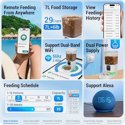 Automatic Cat Feeder with 5G WiFi: Automatic Dog Feeder with Slow Feed & Smart APP Control, 7L Timed Auto Cat Food Dispenser with Alexa for Pets, Detachable for Easy Cleaning - 29 Cups - Image 2
