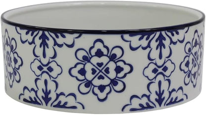Vintage Blue & White Ceramic Large Dog Bowl - 8'' Dog Food Water Bowl for Medium and Large Dogs Breed, Heavy Duty Non-Slip Dish, Modern Pet Feeder Bowl, Dishwasher Safe-57 fl OZ