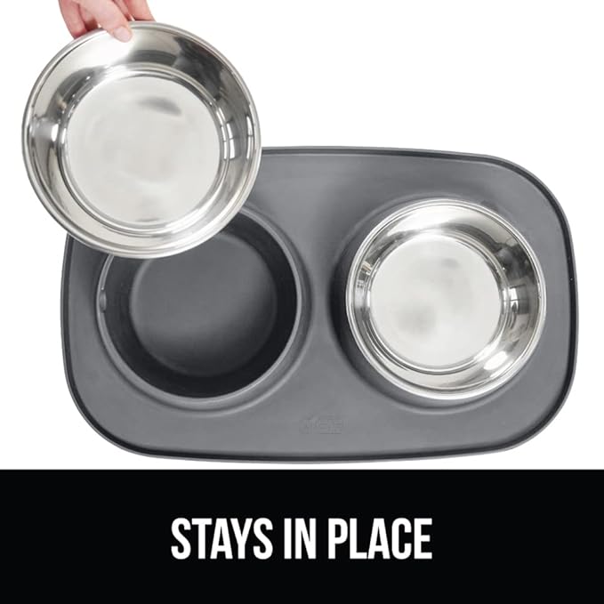 GORILLA GRIP Feeding Mat Bowl Set, 3 Cup 100% Waterproof BPA Free Silicone Base, 304 Stainless Steel Cat and Dog Bowls for Food and Water, Slip Resistant, High Edge, US Designed, Patent Pending, Gray
