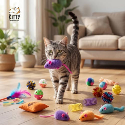 Kitty Catnip Toys- 30 Interactive Cat Toys for Indoor Cats & Kittens – Crinkle Balls, Sparkle Pom Pom Balls, Spiral Springs, Cat Mice, Teaser Wand, Kitten Toys, Cat Accessories - Variety Pack - Image 5
