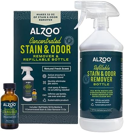 ALZOO Concentrated Stain & Odor Remover Bundle Bottle Set, Includes 32 Fl. Oz Refillable Bottle & 1.1 Oz. Concentrated Stain & Odor Remover, 100% Plant-Based Active Ingredients by ALZOO