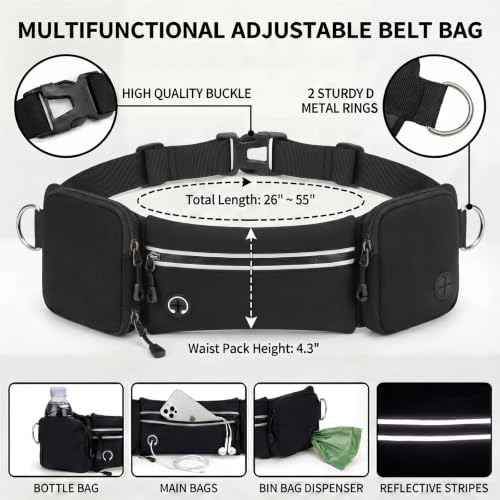 Hands Free Dog Leash 3 Zipper Pounchs with Reflective Strips Poop Bag Dispenser,Waterproof Dog Walking Belt,Dual Handles and Durable Bungee,Waist Leash for Dog Walking,Jogging and Running - Image 2