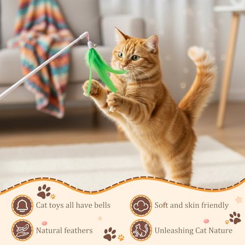 60 Pcs Cat Wand Feather Toy Refills Colorful Replacement Feather Attachments with Bell Natural Fit Cat Toy Universal Interactive Fishing Pole Teaser Attachment for Indoor Kitten(Feather-mix) - Image 5