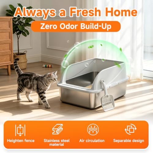 Stainless Steel High-Sided Cat Litter Box with Scoop - Medium - Image 3