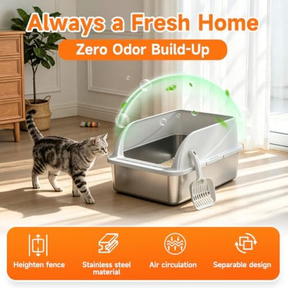 Stainless Steel High-Sided Cat Litter Box with Scoop - Medium - Image 3