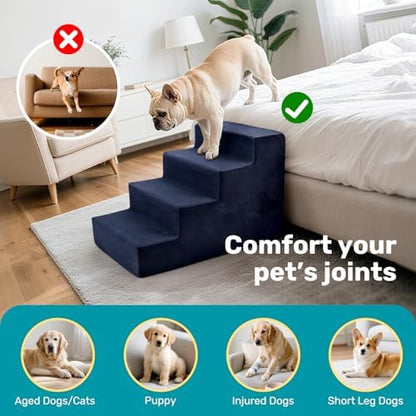 Dog Stairs for Bed, Extra Wide 4-Step Dog Steps for High Bed, High-Density Foam Pet Stairs with Non-Slip Removable Washable Cover for Small Pets, 18" H, Navy - Image 6
